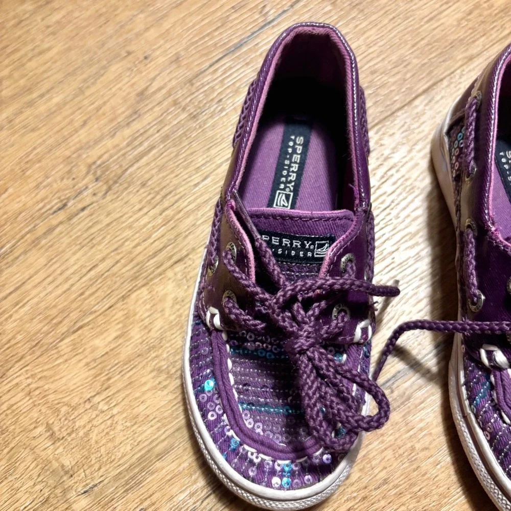 Girls Sperry Top Siders Bahama Purple Plum Sequin Boat Shoe Size 9.5 Sparkle‎